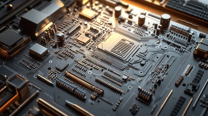 Close-Up View of a Detailed Circuit Board with Transistors, Capacitors, and Resistors Showcasing Complex Electronic Components and Textures