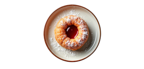Jelly donut on a plate. The donut is dusted with powdered sugar and has a red jelly filling. It is a classic Polish dessert, often eaten during the holiday season. Transparent isolated background png.