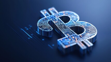 Digital bitcoin symbol in neon lights on dark background. 3D illustration of cryptocurrency and blockchain technology