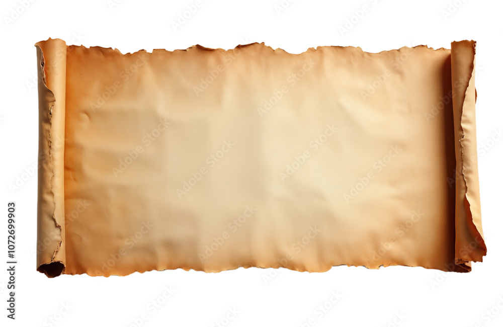 Poster Old paper scroll with burnt edges. Vintage parchment isolated on isolated transparent background. Rolled up blank ancient paper. Blank space for text or image. Antique texture. Alpha mask cut out png.
