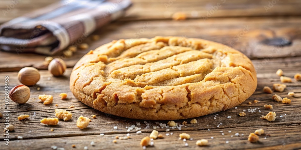Poster A close-up of a golden brown cookie with a crispy texture, resting on a rustic wooden surface surrounded by scattered bits of cookie and a few whole nuts.