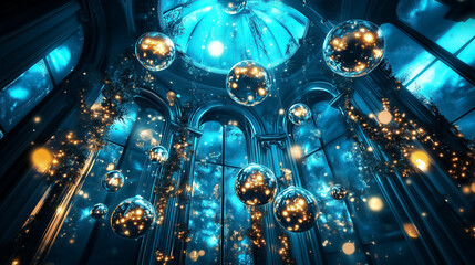 Obraz premium A captivating indoor scene features glowing orbs suspended in blue light, creating a dreamlike atmosphere