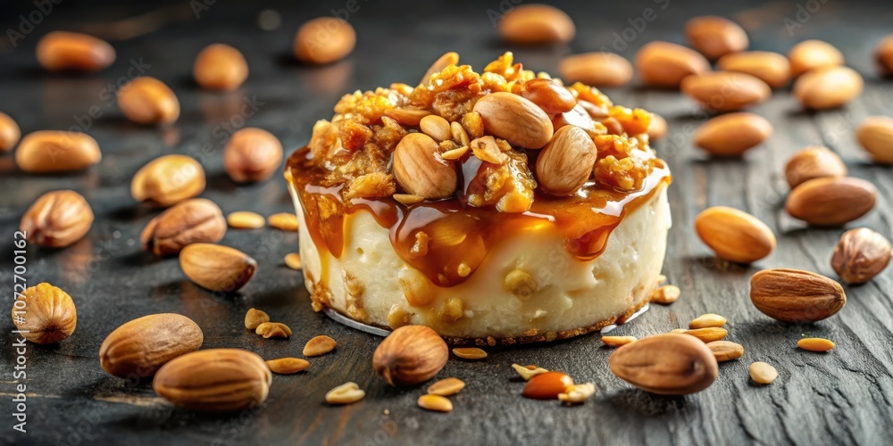 Poster a close-up of a mini cheesecake with a caramel glaze, topped with chopped nuts, surrounded by more n
