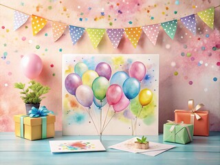 Colorful Greeting Card Design with Watercolor Balloons, Confetti, Gifts, and Girlande Flags on Soft Pastel Background for Happy Birthday Celebrations