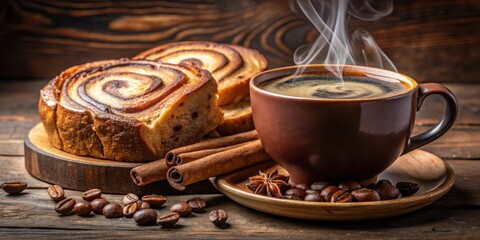 A steaming cup of coffee with cinnamon rolls and coffee beans on a wooden table