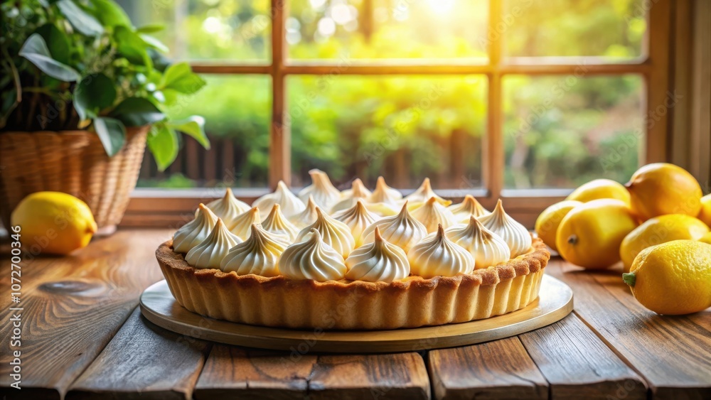 Poster A Creamy Meringue Lemon Tart on a Wooden Table with a Blurred Background of Sunlight Streaming through a Window