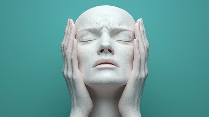 Woman in Pain  Despair and Sadness  3D Render  Close Up  Minimalist  White  Hands  Face