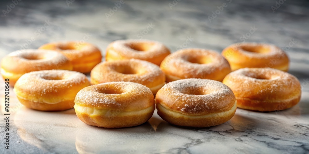 Poster a close-up of a group of freshly baked donuts dusted with powdered sugar, displayed on a smooth, gra