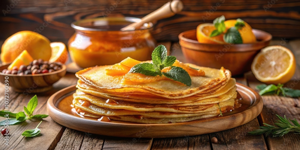 Poster golden pancakes drizzled with honey and topped with orange slices and a sprig of mint, on a rustic w