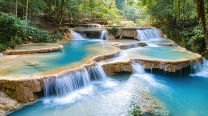 Fototapeta premium Serene Cascading Waterfalls in Lush Green Forest Setting with Crystal Clear Pools and Unique Rock Formations Showcasing Nature's Breathtaking Beauty