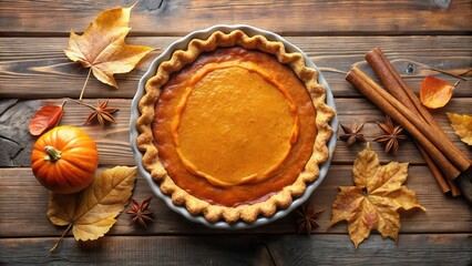 Fototapeta premium A Homemade Pumpkin Pie Adorned with Autumn Leaves and Spices on a Rustic Wooden Table