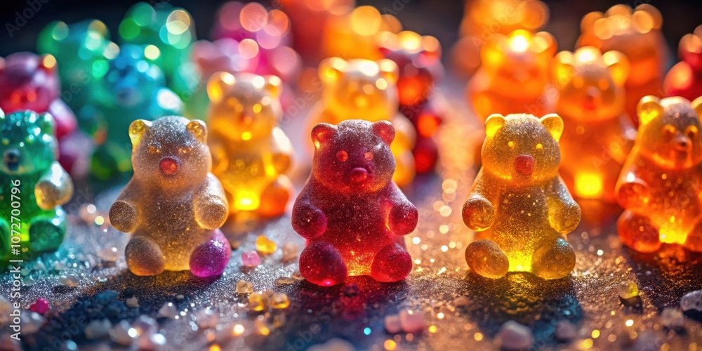 Poster A group of sparkling gummy bears illuminated with soft light, scattered on a glittering surface.