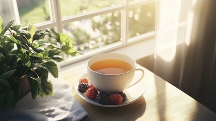 Freshly Brewed Tea with Berries on a Wooden Table by a Sunlit Window with Lush Greenery in the Background for a Cozy Atmosphere