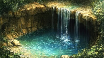 Naklejka premium A Serene Waterfall Cascading into a Tranquil Pool Surrounded by Lush Greenery in a Natural Landscape Setting