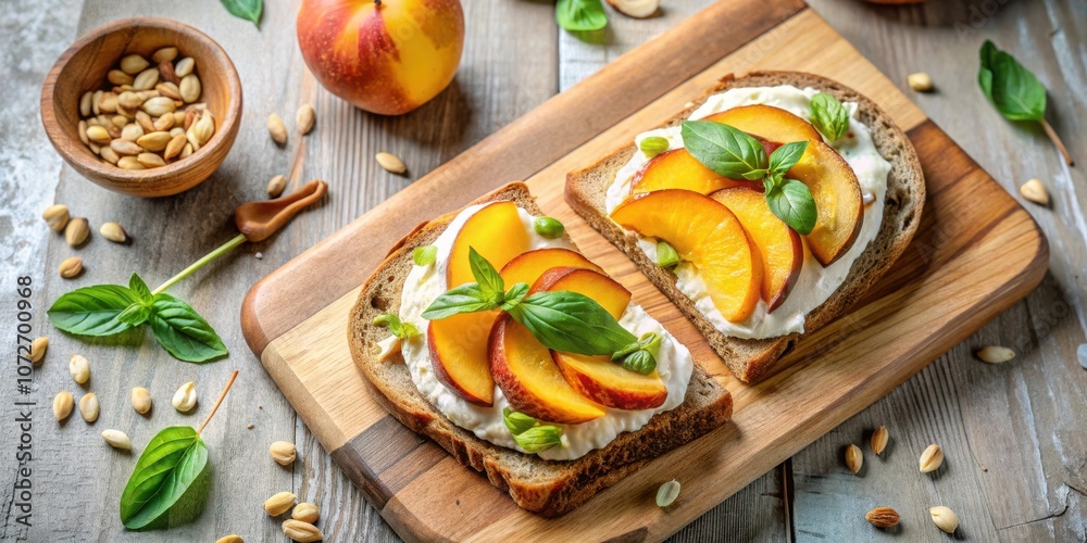Poster two slices of toast topped with creamy spread, peach slices, and fresh basil leaves on a wooden cutt