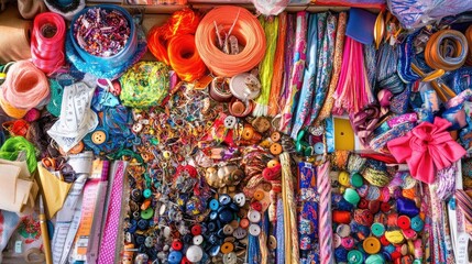 Fototapeta premium Colorful Array of Craft Supplies Including Threads, Ribbons, Buttons, and Decorative Items Spread Across a Workspace for Creative Projects