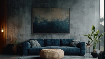 A modern living room featuring a cozy blue sofa and stylish decor.