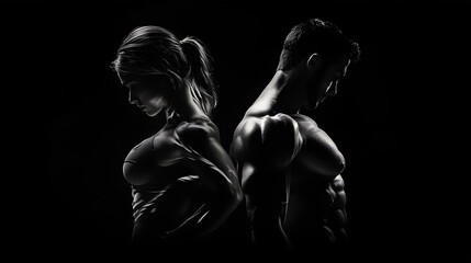 Design an abstract representation of muscular torsos of both a woman and a man, with subtle highlights on their shapes against a deep black background. This artistic approach should convey the