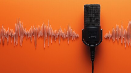 Professional microphone with waveform on orange background banner, podcast or recording studio background