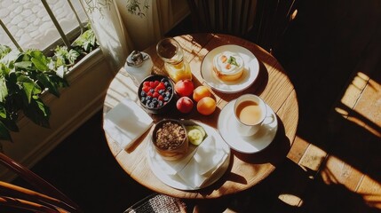 Cozy Breakfast Table Setting with Fresh Fruits, Yogurt, Granola, and Refreshing Juice, Captured in Natural Light, Perfect for Food Lovers and Morning Inspirations