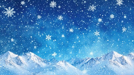 Serene Winter Landscape with Majestic Snow-Capped Mountains Under a Starry Sky Filled with Gentle Snowflakes and a Dreamy Blue Background for Seasonal Imagery
