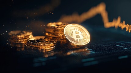 Golden Bitcoin coins with digital trading graph backdrop