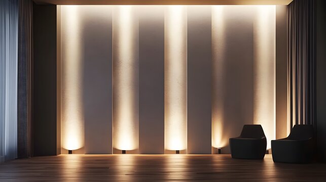Create a mock-up with a light and dark wall exhibiting captivating chiaroscuro lighting, along with a rich wooden floor that adds warmth. The minimalist aesthetic should provide ample space for