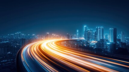 Obraz premium Night cityscape with dynamic light trails on highway