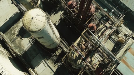 Aerial View of Industrial Complex Featuring Storage Tanks, Pipelines, and Machinery in a Manufacturing Environment, Highlighting Industrial Construction and Operations