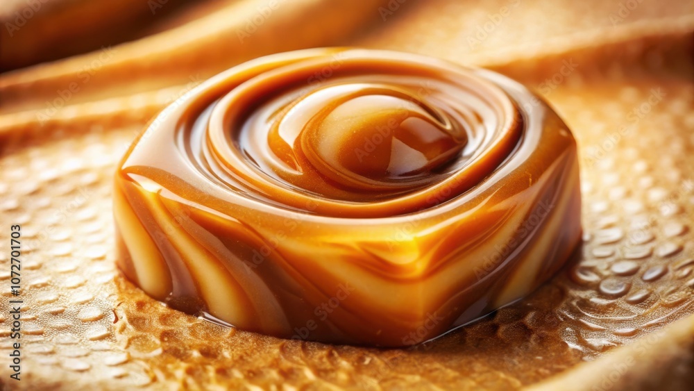 Poster A close-up view of a caramel candy with swirls of caramel and cream, resting on a textured surface.