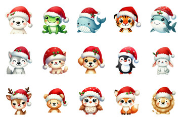 Adorable cartoon animals wearing festive Santa hats, perfect for Christmas designs, holiday decor, and seasonal greetings.