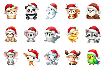 Adorable cartoon animals wearing festive Santa hats, perfect for Christmas designs, holiday decor, and seasonal greetings.