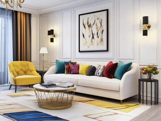 Fototapeta premium Elegant living room interior with stylish furniture and vibrant color accents.
