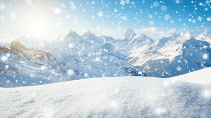 Obraz premium Serene Winter Landscape with Snow-Capped Mountains Under a Bright Sky and Gentle Snowfall Creating a Tranquil and Picturesque Scene for Nature Lovers