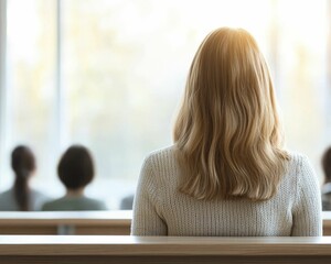 Participant demographics illustrated through rear views of individuals focused on a presentation, academic setting, vibrant expressions, soft light illuminating.