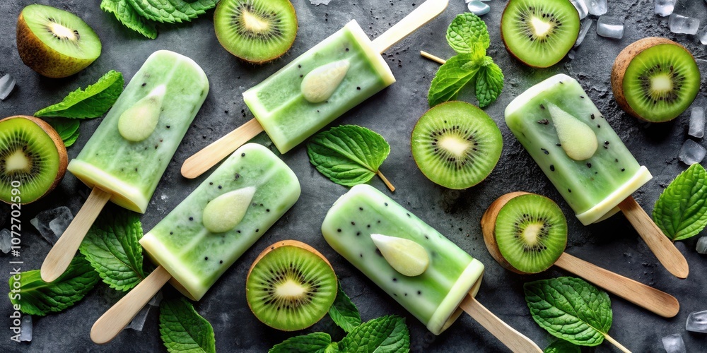 Poster refreshing kiwi popsicles with mint garnish on a black background