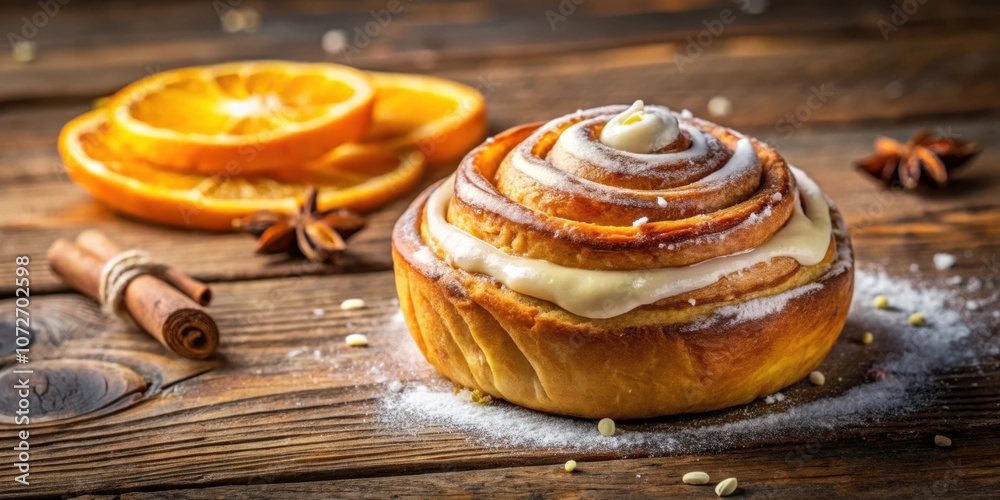 Poster a single glazed cinnamon roll dusted with powdered sugar, resting on a wooden surface with dried ora