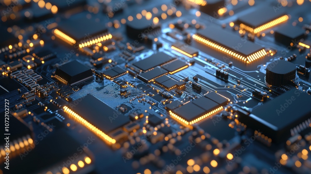 Poster close-up view of a complex circuit board with bright leds and intricate patterns for technology back