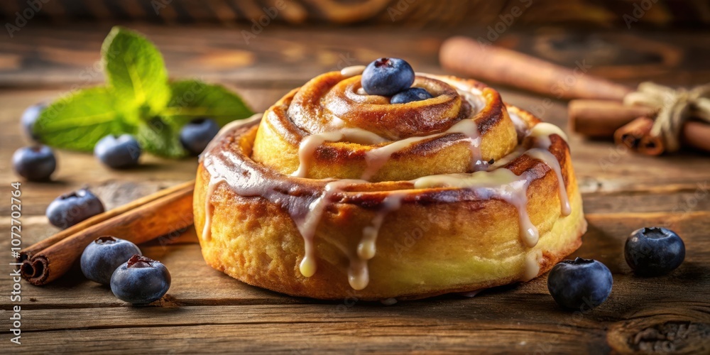 Poster a sweet cinnamon roll drizzled with icing and topped with blueberries, laying on a rustic wooden sur