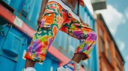 A bold and colorful outfit consisting of a tiedye bucket hat a mesh tank top with a tribal print baggy cargo pants and chunky sneakers reminiscent of the skater trend.