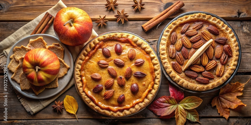 Poster aromatic autumn delights two homemade pies adorned with almonds and a touch of cinnamon on a rustic 