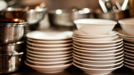 Stacked clean dishes in commercial kitchen setting