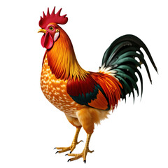 Fototapeta premium Rooster with bright red, orange, green feathers stands on isolated background. Male chicken with long tail, beak, crest, isolated on alpha backdrop. Farming, poultry, farm animal, domestic animal, Png