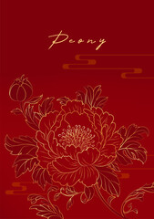 Chinese style poster gold linear peony on red background