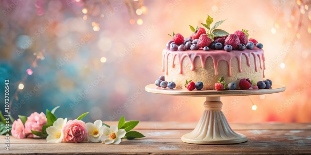 Poster a delicious pink frosted cake decorated with fresh blueberries and raspberries on a rustic wooden ta
