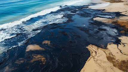 Aerial view of coastal area with dark, sticky tar covering beach and seawater, highlighting environmental pollution and providing copy space for text or design.