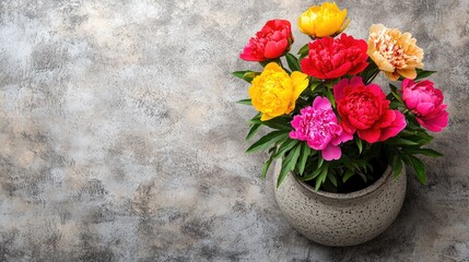 Vibrant Bouquet of Colorful Peonies in Decorative Pot Against Subtle Textured Background for Flower Arrangement and Home Decor Inspiration