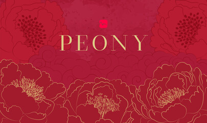 Hand painted Chinese style banner with golden linear peonies and linear clouds