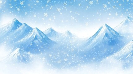 Serene Winter Landscape with Snow-Capped Mountains, Snowflakes Falling, and Soft Blue Sky, Perfect for Winter-Themed Designs and Backgrounds