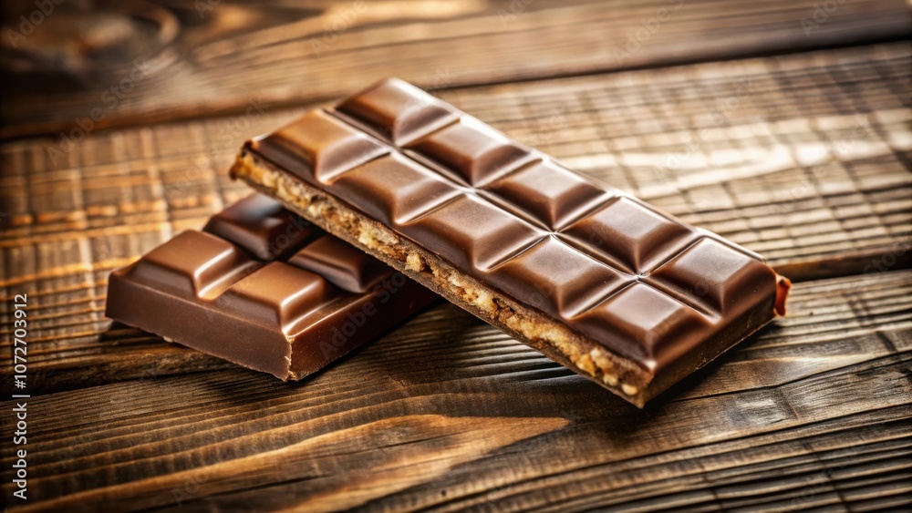Poster close-up of two milk chocolate bars with a crispy texture, resting on a wooden surface with a rustic
